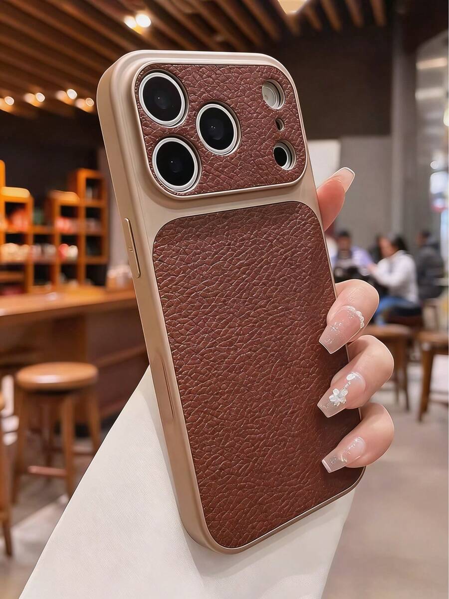 Fashion Lychee Pattern Large Window Phone Case For IPhone 17 Pro Max, 17 Pro, 16 Pro Max, 15, 14 Pro, 13, 12 Pro, 17, With Camera Protection, Matte Soft Anti-Fall Protective Cover - Dark Brown - View 1
