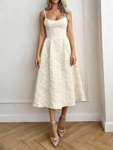 Summer Wedding Elegant Solid Color Sophisticated Lightweight Dress, Fitted Waist Spaghetti Strap Midi Dress, Pink Party,Casual Dress - 奶油 - 查看 2