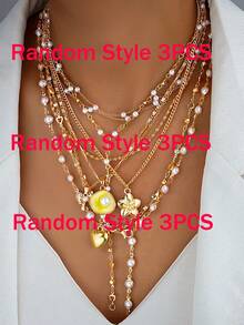 3件套混搭复古夸张造型项链套装，包含硬币、心形、贝壳花、仿珍珠Y型项链，适合姐妹、情侣、度假、约会、送礼、日常、休闲、派对、婚礼等场合。 - 彩色 - 查看 7
