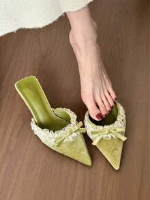 2026 Latest Delicate Fairy Style Pointed Toe Mule Sandals, French Elegant Lace Bow Design, Versatile For Holidays, Outings, Formal Events, Stunning On-Foot Look! - Green - View 3