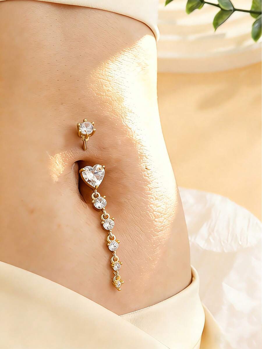 1pc Stainless Steel Navel Ring With Large Heart-Shaped Zirconia Inlay, 5 Small Round Zirconia Pendants, Snowflake Design, Sexy Navel Piercing Jewelry For Women, Suitable For Festivals - Heart + 5 Zirconium - View 1