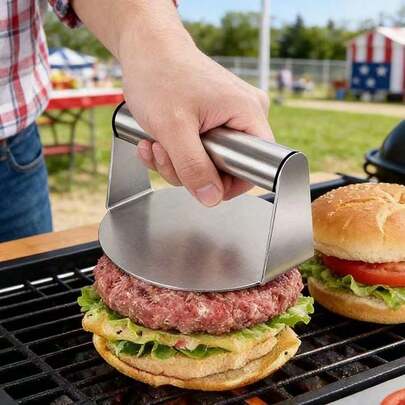 1pc Stainless Steel Hamburger Patty Maker, Reinforced Welding Round Meat Patty Mold, Suitable For Grilling, BBQ And Baking