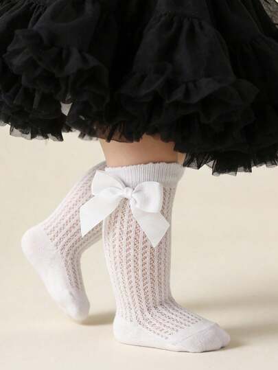 1 Pair Children's Solid Color Big Bow Dance Socks, Breathable Mesh Socks For Daily Wear, Spring/Summer