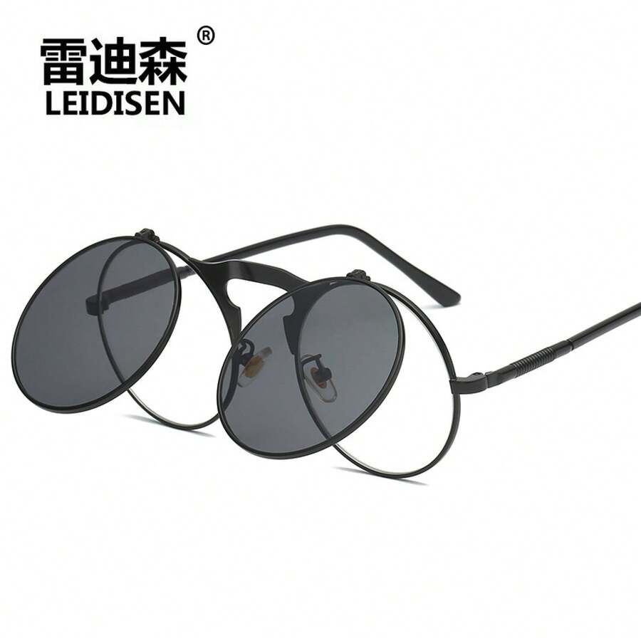 New Flip-Up Polarized Sunglasses In Vintage, Metal, Punk And Steampunk Styles For Men And Women, Round Metal Sunglasses 3057, Modern And Fashionable, With UV Protection, Special Glasses For Driving. - 黑框黑灰片 - 查看 1