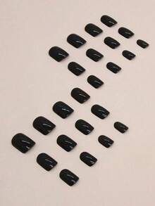24pcs Minimalist Black Square Short False Nails Set, Includes 1 Nail File And 1 Nail Glue, Suitable For Women And Girls, Easy To Create Fashionable Looks - Black - View 3