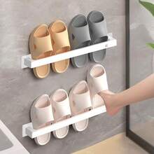 1pc No Punching Wall-Mounted Bathroom Shelf, Plastic Storage Rack For Slippers Shoes Towel And More, Multi-Functional Storage Organizer, Waterproof&Moisture Proof Towel Holder Hanger, Shoes Rack,Space-Saving Easy Installation Shoes Organizer - Multicolor - View 7