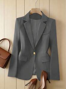 Tailored Blazer With Lining, Functional Side Pocket, Elegant Gold Button, And Faux Chest Pocket | Autumn/Winter - Grey - View 3