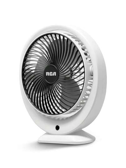  RCA Mini Ventilador Recargable RC-V1 Portátil, Silencioso y Potente con 3 Velocidades, Cabezal Ajustable 120°, Luz Indicadora y USB-C Ideal para Escritorio, Oficina, Hogar y Viajes. Blanco y Negro.