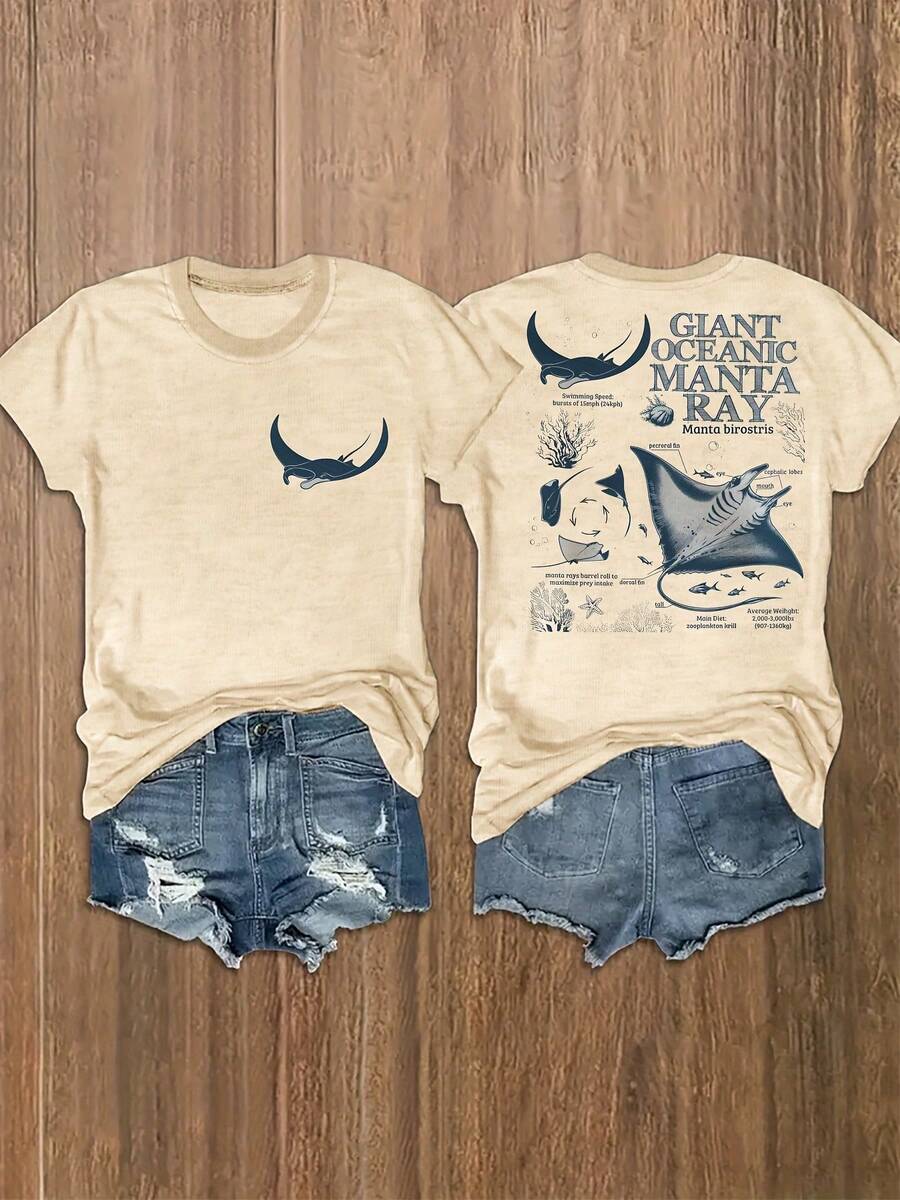 Manta Ray Anatomy Diagram, Giant Oceanic Manta Ray, Marine Biology Nautical Pattern Print, Crew Neck T-Shirt, Short-Sleeved Comfortable Cotton T-Shirt - Màu be - Xem 1