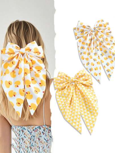 1pc Cartoon Yellow Duck Print Spring Clip Double-Layer Bow Ribbon Hair Clip, Elegant Half-Up Ponytail Clip, Cute Hair Accessory For Spring/Summer