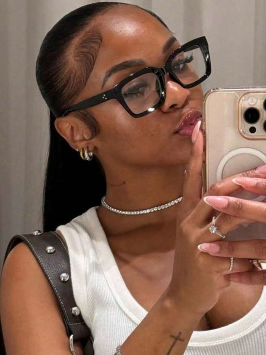 1 Pair Square Frame Glasses, Clear Lenses, Suitable For Reading, Gaming, TV, Computer And Mobile Use, Unisex - Black - View 1