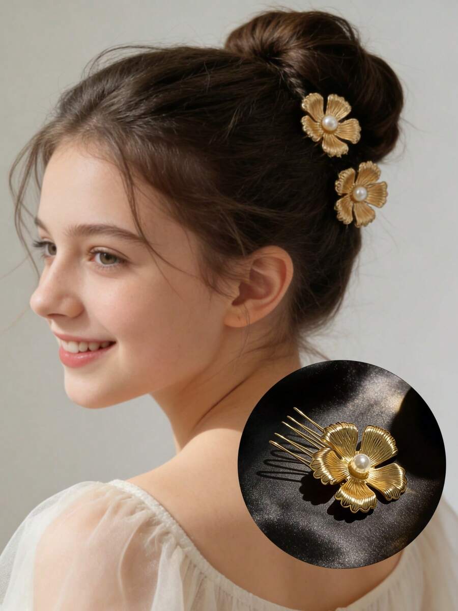 1pc Elegant Pearl 5-Petal Flower Hair Clip, Suitable For Wedding, Bridesmaid, Holiday Party, Performance Hairstyles - Multicolor - View 1