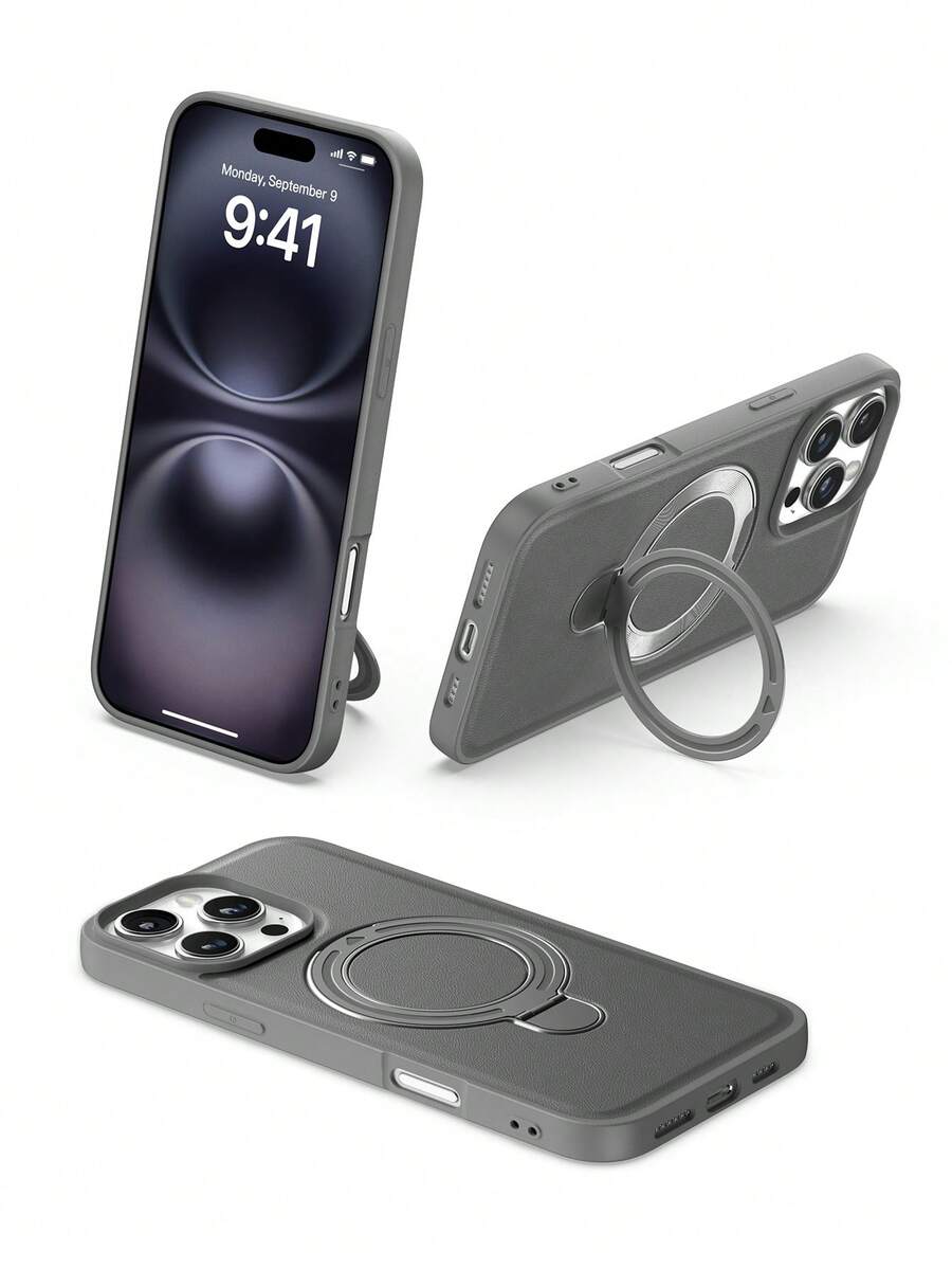 1 pièce Étui de téléphone avec support de charge sans fil 16 Pro Max, étui de protection ultra-fin en PU mat avec support intégré compatible avec iPhone 13/16e/12/11/14/15, étui de téléphone dur et fin compatible avec iPhone 16 6.1", étui de téléphone Android cool compatible avec Samsung Galaxy S25 Ultra/S24/S23/S22/S21, étui de téléphone avec support classique pour Galaxy A56/A16, étui de téléphone avec support réglable et caché compatible avec Samsung Galaxy S26 Ultra et Note 15 Pro - Gris - Voir 1