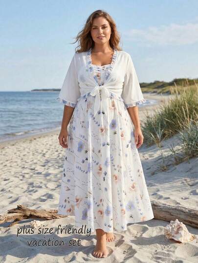 Conjunto de vacaciones de 2 piezas elegante con estampado floral ditsy de talla grande, que incluye un vestido midi con volantes y tirantes finos, adecuado para vacaciones de primavera/verano en la playa
