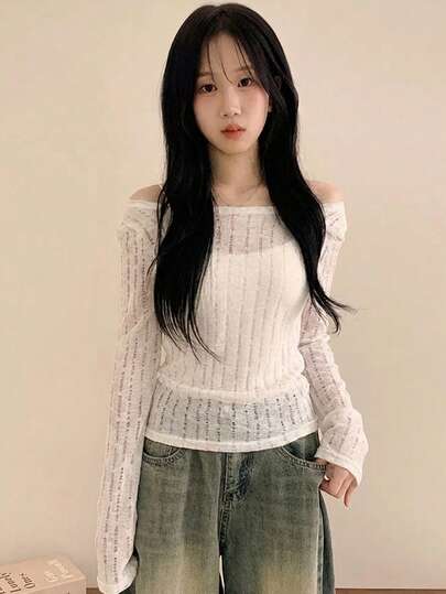 Áo khoác dệt kim khoét lỗ gợi cảm dành cho nữ, áo lưới mỏng ôm sát chống nắng, kiểu dáng thường ngày mùa xuân, màu trắng.