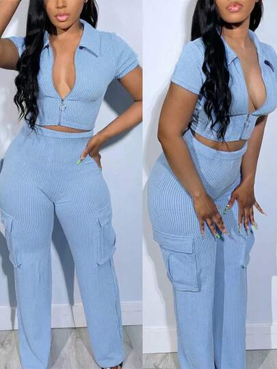 Bộ đồ nữ gồm áo khoác ngắn tay có khóa kéo kẻ sọc gợi cảm và quần dài có túi, thích hợp cho hẹn hò, sân bay, công sở, mùa xuân/hè.