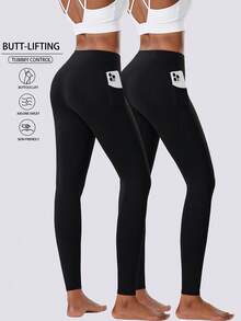 2 piezas/Set Pantalones ajustados de mujer con bolsillos laterales y cruzados en la cintura, Leggings de yoga de cintura alta adelgazantes para fitness, gimnasio, entrenamiento, correr al aire libre, ciclismo, pantalones deportivos de compresión, Pantalones casuales de unicolor para usar en casa - Negro - Ver 2