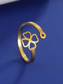 1pc Minimalist Stainless Steel Heart & Clover Adjustable Ring, Fashionable Cute Gift For Girls, Personalized Memento - Simple Series - View 6