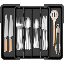 Kitchen Silverware Organizer For Drawer - Expandable Silverware Drawer Organizer Adjustable Utensil Drawer Holder, Flatware Cutlery Organizer For Spoons & Forks Kitchen Storage, Black, S - 黑色 - 查看 2