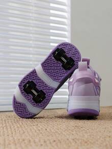 1 Pair Unisex Fashion Comfortable Breathable Versatile Hook And Loop Sports Shoes, Patchwork Contrast Color Athletic Style Roller Skate Shoes, Campus Skateboard Shoes, Holiday Essential - Purple - View 3