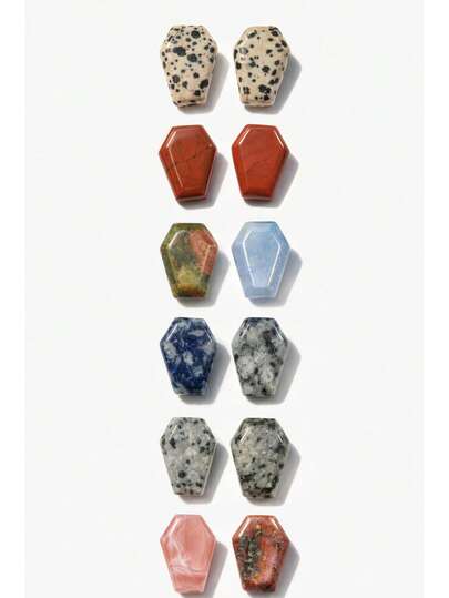 1/3/7pcs Trending Natural Stone Small Coffin-Shaped Pendants – Dalmatian, Red Jasper, Flower Green, Blue Onyx, Blue Patterned, Hemp Stone, Watermelon Red, Sesame Red – Perfect For Jewelry & Crafting