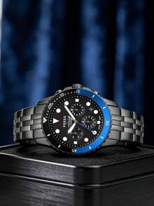 Đồng hồ Fossil nam, máy quartz, vỏ thép không gỉ, ba kim, mặt kính. - Đen + xanh đậm - Xem 8