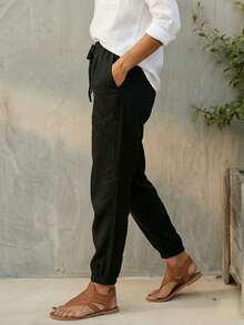 女士纯色褶裥锥形休闲裤 黑色 春季 - 黑色 - 查看 5