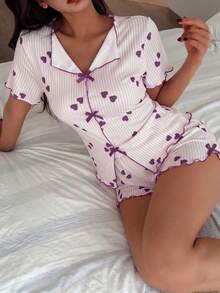 2件組女款睡衣套裝，條紋與愛心印花翻領短袖上衣搭配開衩短褲，可愛睡衣，夏季穿搭 - 紫色 - 查看 4