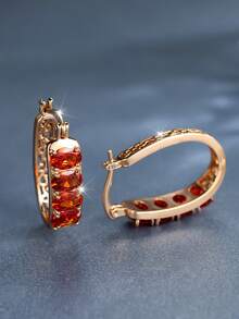 Vanel 1 paire de boucles d'oreilles ovales délicates en CZ doré champagne pour femmes, boucles d'oreilles minimalistes de style créoles pour un port quotidien, bijoux de mode pour le bureau, cadeau élégant de bureau pour elle - Rouge doré - Voir 4
