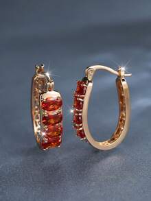 Vanel 1 paire de boucles d'oreilles ovales délicates en CZ doré champagne pour femmes, boucles d'oreilles minimalistes de style créoles pour un port quotidien, bijoux de mode pour le bureau, cadeau élégant de bureau pour elle - Rouge doré - Voir 3