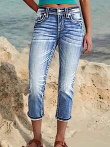 Women's Low Waisted Stretchy Distressed Capri Jeans - Cropped Ankle Length Washed Pants With Side Pockets, High-Elastic Suitable For - Casual Streetwear & Layering - 藍色 - 查看 5