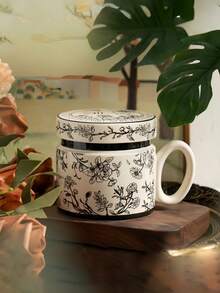 1 pièce Tasse en céramique peinte à la main avec couvercle, chat bleu et blanc et oiseau. Tasse à café/latte bleue et blanche de style français avec couvercle. Tasse à lait/jus bleue et blanche rétro. Convient pour restaurant, salon, café - Multicolore - Voir 15