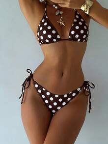 Bộ đồ bơi mới kiểu dáng tam giác xẻ ngực, váy ren, bikini ba mảnh in chấm bi, gợi cảm, thời trang, thích hợp cho kỳ nghỉ hè. - màu nâu - Xem 3