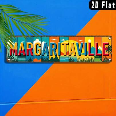 Biển hiệu kim loại treo tường 2D phẳng - 1 chiếc hình Margaritaville cổ điển, kích thước 16x4 inch - Trang trí theo chủ đề bãi biển retro với hình cây cọ, bè và hoàng hôn, phù hợp cho quán cà phê, quán bar, nhà ở - Biển hiệu kim loại treo trong nhà/ngoài trời, trang trí theo chủ đề bãi biển.