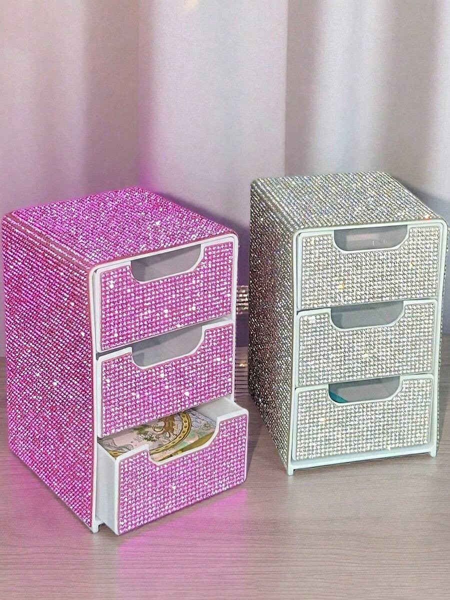 1pc Fully Rhinestoned 3-Drawer High-Aesthetic Desktop Storage Box, Jewelry & Cosmetics Organizer - Multicolor - View 1