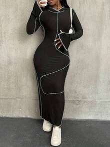 Women's Fashionable Hooded Contrast Seam Patchwork Bodycon Street Style Dress - 黑色 - 查看 7