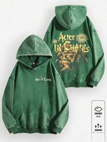 Unisex Y2K "Alice In Chains - Misfit Rock Band" Graphic Cotton Hoodie, Retro Casual Fashionable Daily Soft Warm Hoodies For Streetwear - 綠色 - 查看 9