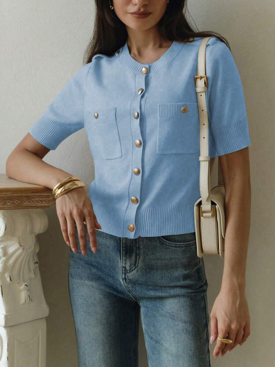 女款秋季優雅時尚針織短袖上衣，優雅純色圓領短袖開襟衫，日常通勤穿搭，極簡老錢風，女款街頭風