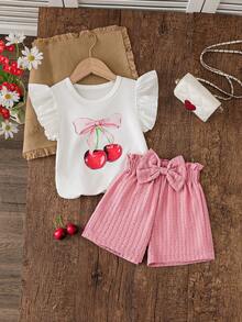 Set de 2 piezas: Camiseta de manga de volantes con estampado de cerezas + Pantalones cortos con lazo rosa para niñas pequeñas, estilo coreano dulce y fresco, cómodo para uso diario casual/al aire libre - Rosa - Ver 11