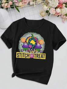 Women's Stitch Or Treat Halloween T-Shirt Disney Pumpkin Nightmare Before Christmas Tim Burton Graphic Tee Fun Apparel - màu đen - Xem 2