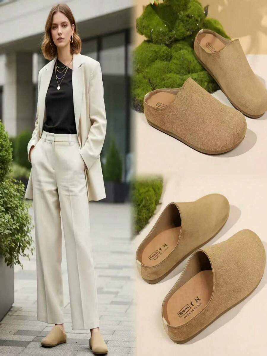 1 đôi dép hở mũi thời trang kiểu dành cho thanh thiếu niên, chất liệu da lộn mềm mại, thiết kế mũi tròn dễ xỏ, đế dày chống trơn trượt, phù hợp cho cả đi chơi hàng ngày và đi nghỉ mát, hàng mới về mùa xuân/hè 2026. - Màu be - Xem 1
