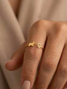 Anillo de perro personalizado de acero inoxidable con inicial para mujeres, silueta de mascota personalizada y anillo abierto con letra, regalo de joyería simple para amantes de los animales con banda exagerada ajustable - Multicolor - Ver 2