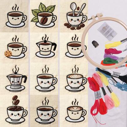 Kit de bordado con patrón de taza de café linda - Pegatinas auxiliares de bordado solubles en agua - Aguja de bordado y dedal - Accesorios de ropa hechos a mano - Suministros de bordado - Hojas estabilizadoras de bordado solubles en agua