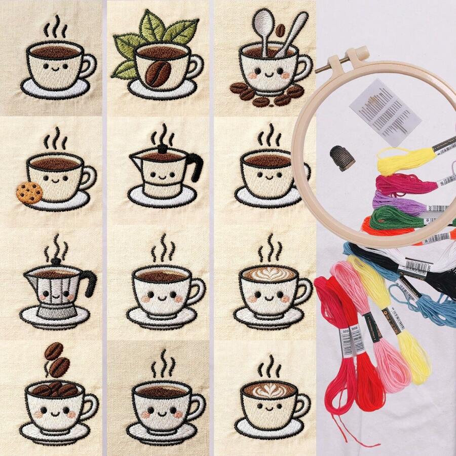 Bộ dụng cụ thêu hình cốc cà phê dễ thương - Miếng dán hỗ trợ thêu tan trong nước - Kim thêu và dụng cụ bảo vệ ngón tay - Phụ kiện may mặc thủ công - Vật tư thêu - Tấm ổn định thêu tan trong nước - Họa tiết cà phê - Xem 1