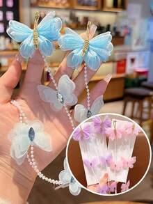 2 chiếc kẹp tóc hình bướm đính ngọc trai hồng, thích hợp cho bé gái, dây tóc tết tua rua ngọt ngào kiểu tiên nữ, phụ kiện tóc công chúa (Chỉ có hình ảnh minh họa trên thẻ giấy) - Dây buộc tóc hình con bướm - Xem 6