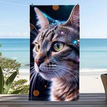 1pc 1pcs Quick-Dry Microfiber Beach & Bath Towel Suitable For & Pets - Starry Night Cat With Kitten Pattern, Bathing, Swimming, Travel, Ideal Gift For Parents, Parties, 27x59 Inches - White - View 2