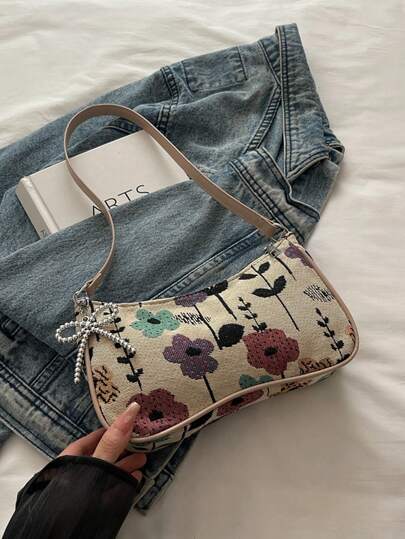 Floral Painting Style Handbag, New Outdoor Small Tote Bag, Woven Ditsy Floral One Shoulder Underarm Bag, Ins Style