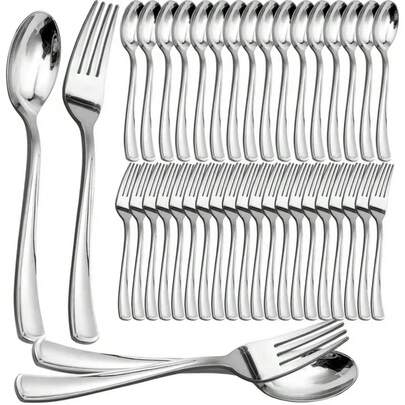 10/25/25/50/100/200pcs Silver Cutlery Set - Forks, Spoons, Dessert Spoons - Complete Kitchen Utensil Set - Dishwasher , Essential For Home, Kitchen, Hotel, Restaurant, Easter, Christmas, Wedding