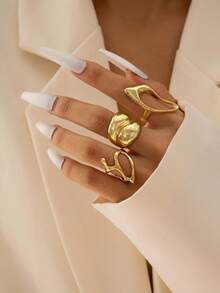 3件套简约不对称几何开口戒指套装，锌合金材质，适合女性日常叠戴，礼品 - 28293-G-EP - 查看 3