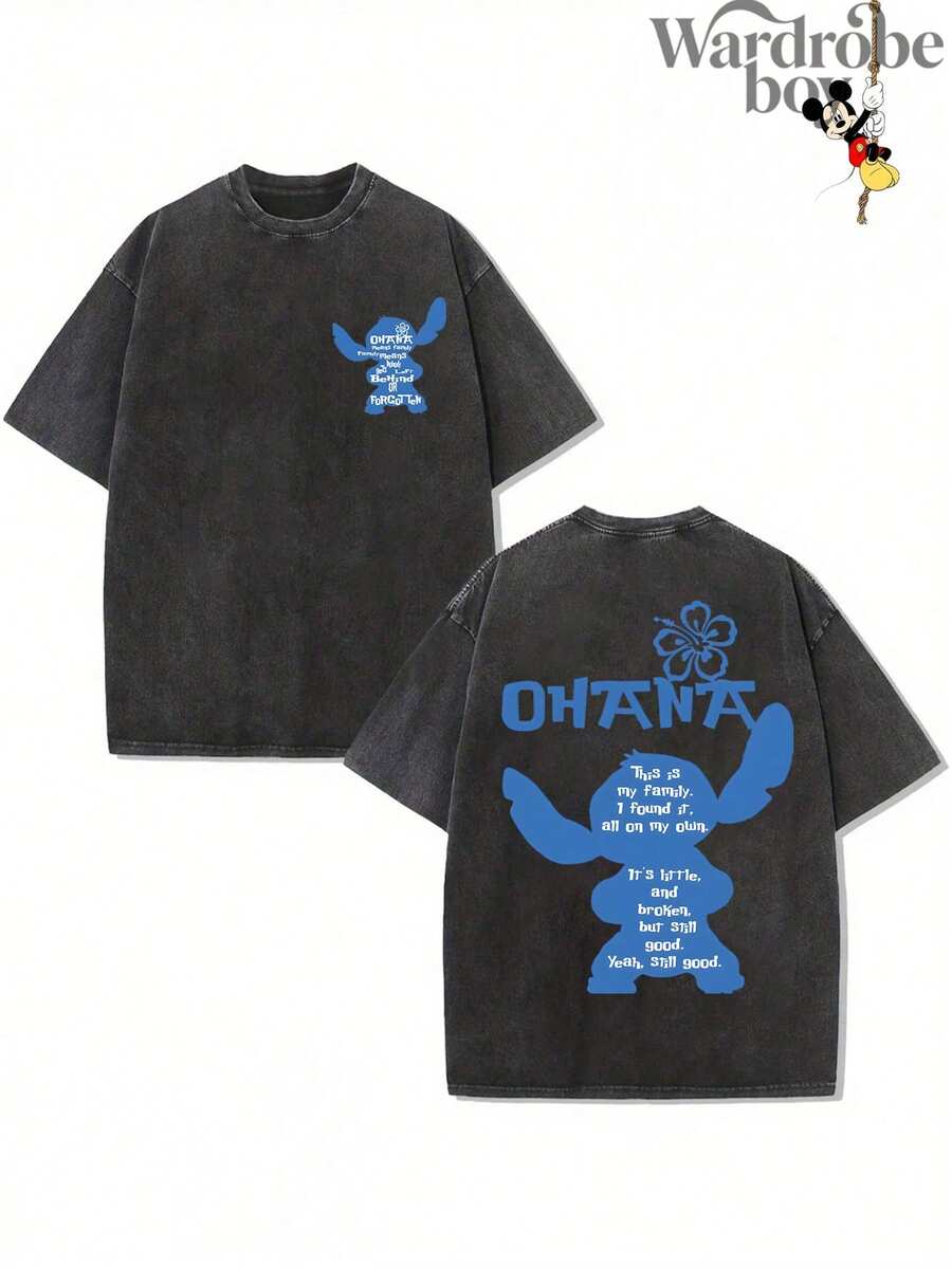 Disney Authorized Short Sleeved Printed T-Shirt, Stitch Printed T-Shirt,Graphic Tees, Cotton Graphic Tees,Funny Graphic Tees,Suitable For Family Travel And Vacation. Mother's Day T-Shirt, Suitable For Both Men And Women. Cotton T-Shirt, Comfortable And Breathable. - 黑色 - 查看 1